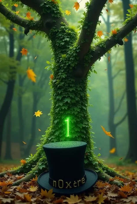  a living being rising from a tree in the middle of a forest with leaves falling  ,  its body is covered with shimmering leaves and its eyes shine a shade of emerald green... At the foot of the tree is a top hat with the name written N0xxer 