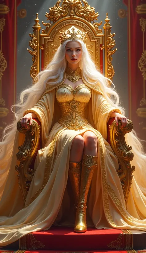 a queen，red，GOLDEN COLOR， Long white hair ，Gold Robe，Supreme Cetro，Dragon and Phoenix Chengxiang，golden boots，Sentado en a throne，Jirou Legs，high heeled boots，a throne，Starrysky