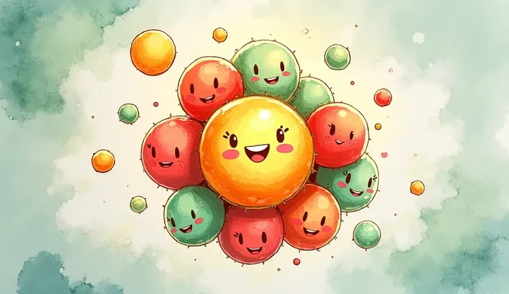 Create a charming hand-drawn watercolor and ink-style illustration capturing the center, depict a vibrant nucleus composed of protons and neutrons. The protons are lively red spheres with cheerful, confident expressions, radiating energy and enthusiasm. Be...