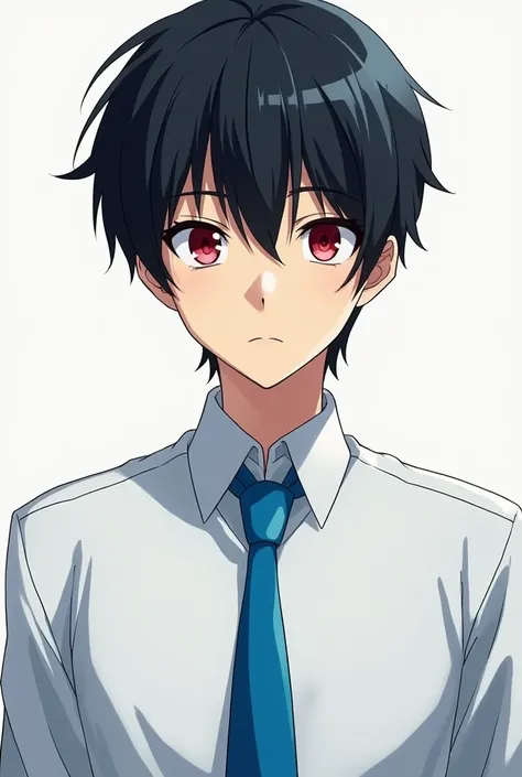 Anime boy, white school uniform, blue tie, black hair, red eyes, poker face