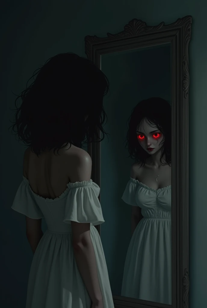 Girl standing in the mirror with her head turned upside down and her reflection in the mirror is looking at her with red eyes of terror, off shoulder dress, nipples