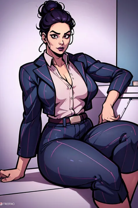 Digital art, angled view, sexy sitting pose, full curvy figure, mature woman, adult female, whole body, form-fitting, Jane Romero (Dead by Daylight game) inspired costume, pinstriped blazer, blouse, belt, pinstriped baggy pants that ends above the ankle, b...