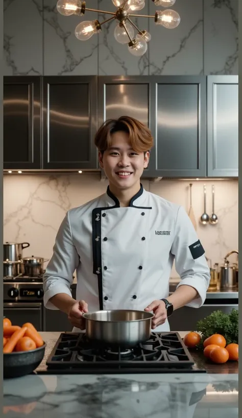  Make sure use face in upload image and other thing used it from below prompt 

"A famous South Korean dancer resembling Jimin from K-pop, wearing a sleek and professional chefs outfit, including a white chefs coat, apron, and hat, meticulously cutting car...