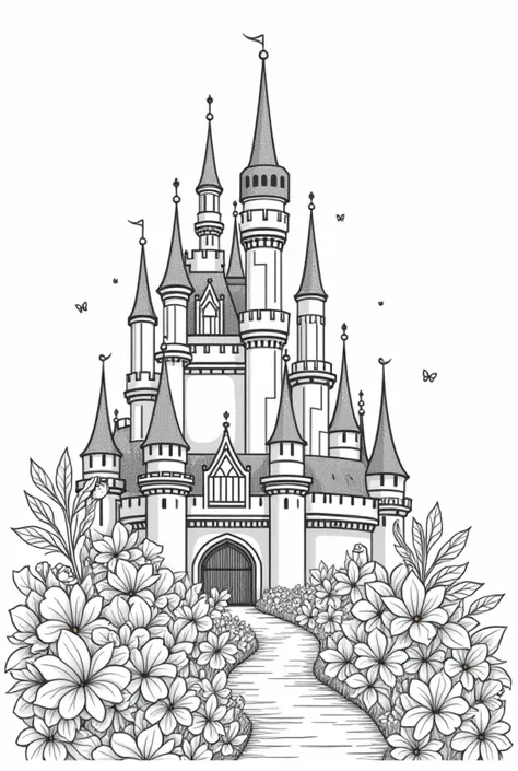 モノクロのLine art、Line art、 unpainted 、A castle studded with flowers、Coloring book、Main line thick 、High image quality、 no background