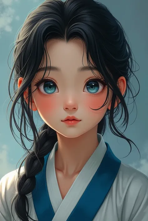 Asia, a boy of about , long black shoulder-length hair, blue eyes, in Hanfu, innocent appearance, naive.