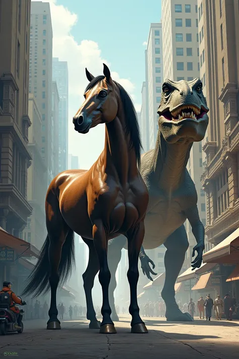 Create horse standing with dinasour 3 image in city