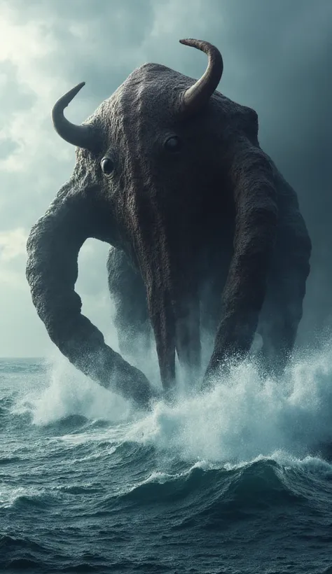 Create an ultra-realistic image of a giant hybrid octopus and bulls head fusion on Earth