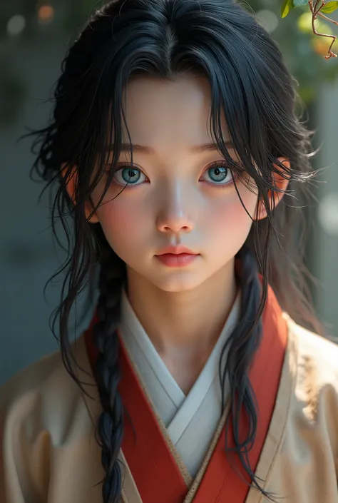 Asia, a boy of about , long black shoulder-length hair, blue eyes, in Hanfu, innocent appearance, naive.