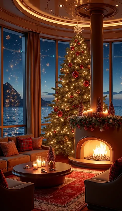 Create an interior view of a luxury yacht lounge decked out for Christmas, complete with a cozy fireplace and festive decorations. The room features soft seating areas with plaid and fur throws, a large decorated Christmas tree with lights and ornaments, a...