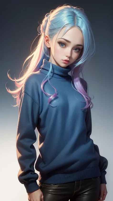 illustrator, anime , realistic ,sketch , 1 girl, ,lip, sweater,order, Blue gradient background, neon hair,Textured trim, Canadian, (masterpiece,Best quality) ganyou