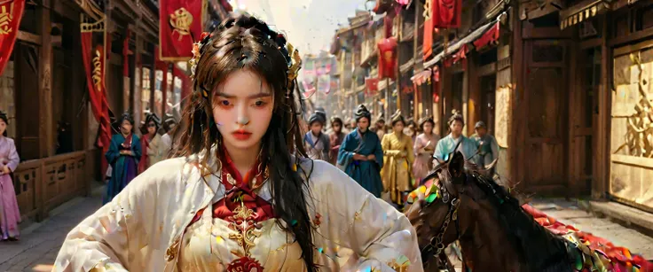  wearing pink  , Full costume ,  an 18-year-old Chinese woman ，Korean woman， long hair fluttering ， wearing the Chinese dynasty in the Tang Dynasty  ,  with a cold face  ,  lies on the floor , ， standing on the edge of a city building balcony  {x}  target ...