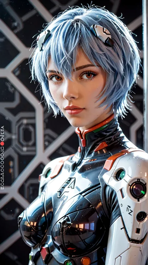 (best quality, masterpiece, RAW photo,ultra-detailed:1.2),  1girl, short blue hair, 
(eva 00:1.2), evagod, evangelion mecha, science fiction,beautiful abstract background, Futurism, cyberpunk,  ayanami