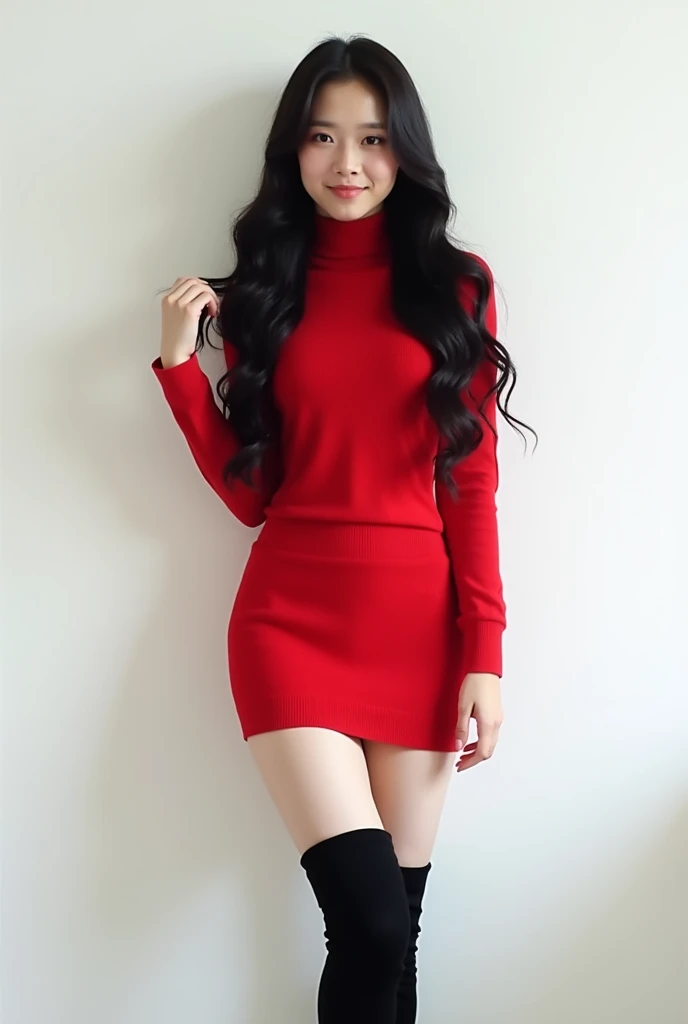 "K-pop style women&#39;Realistic images、     Korean Beauty     , length, Wavy black hair.  white wall background、red long sleeve high neck sweater、 red mini skirt    、     shes posing for the camera 。Full body image of me  、  Im wearing black long boots 、 ...