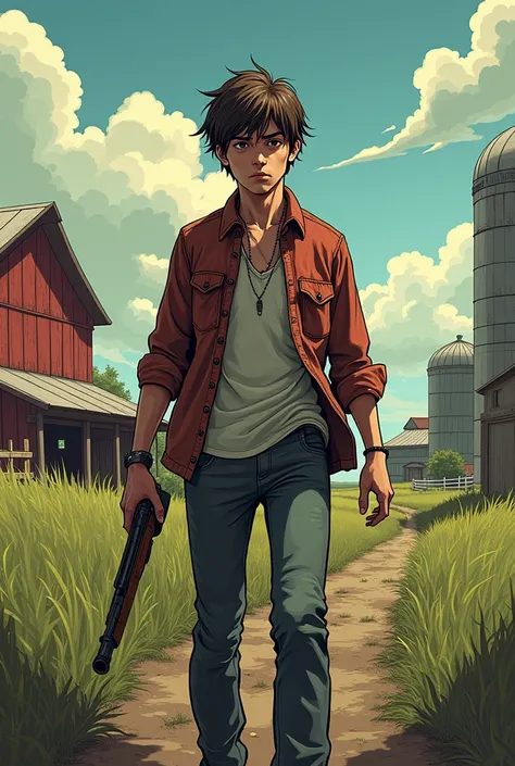 a young man, full body, in the background a farm, the zombie apocalypse thematic, comic drawing style, HD, without gun,without weapons, very detailed, 18 years old.