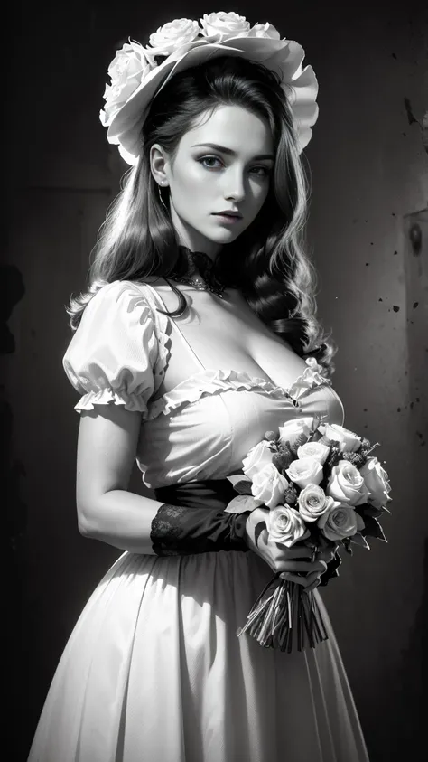 (best quality,4k,8k,highres,masterpiece:1.2),ultra-detailed,(realistic,photorealistic,photo-realistic:1.37),black and white,gritty,high contrast,vintage style,retro feel,dark background,vibrant flowers,beautiful woman holding a bouquet and a vintage hat.