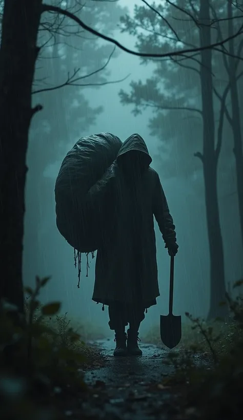 Dark stormy night scene in the forest, in the distance a man wearing a raincoat, carrying a large bloody sack on his shoulder, one hand holding a shovel, the mans image is blurred, heavy rain