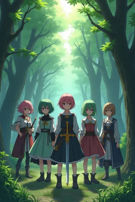 
"A cinematic, dramatic, and realistic image of six Japanese teenage girls (around 14 to ) standing in a dense forest with large trees. Each girl has short, two-toned pink and green hair, styled in unique ways. They are wearing distinct medieval adventurer...