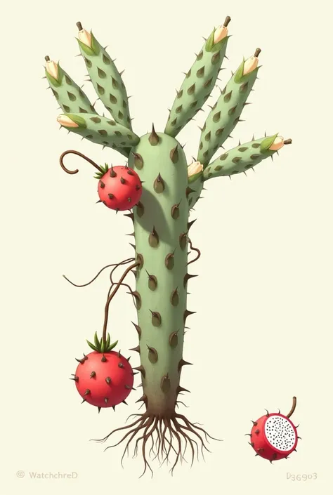  Can you make an image of a botanical board of a Dacaru indentifying its morphology and function of each plant part,  I want you to put in the image only the entire plant , WITH CACTUS ,  with the root and thorns on the trunk .  Placed in this section some...