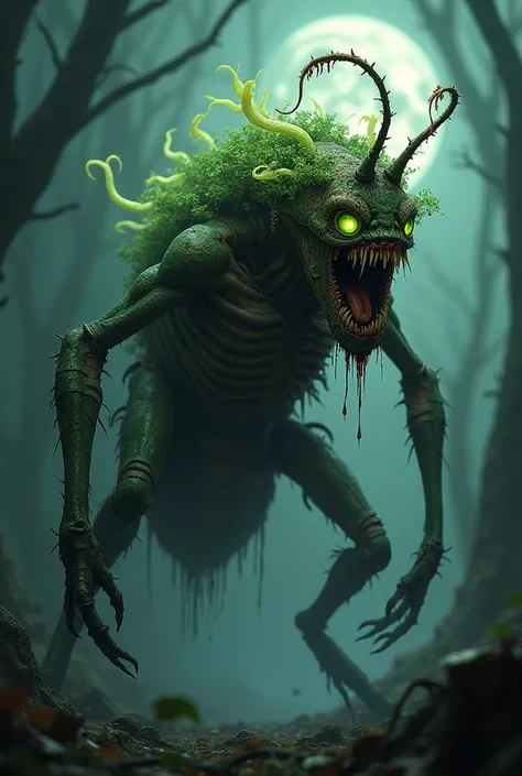 "A horrific zombie with insect-like features, including a chitinous exoskeleton, segmented limbs, and a grotesque, mandible-filled mouth. Its rotting flesh is interwoven with fibrous plant material, and its head sprouts writhing fungal tendrils glowing in ...