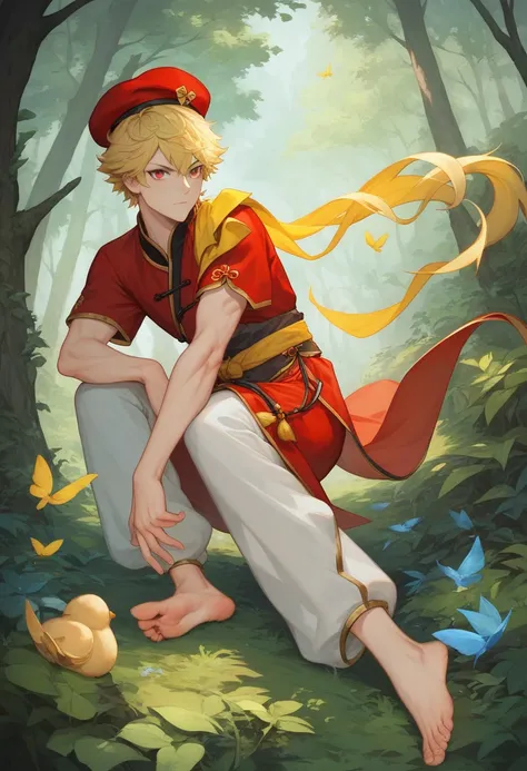 Cutest Anime boy, Slim, Delicate, Red eyes, Blonde hair, messy fringe, long sideburns, Chinese style art, Chinese fighting clothes, baggy pants, stirrups on feet, yellow baggy hanfu shirt,full body,fantasy forest background, yellow canary on shoulder, yell...