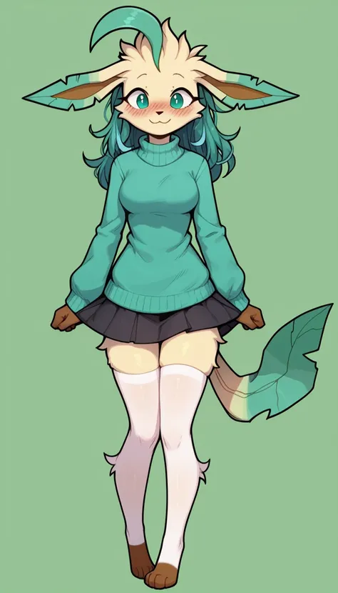 Excited expression, 1girl, anthro, furry, fur, fluffy fur, leafeon girl, green hair (cyan highlights), green eyes, long green hair, Messy hair, (19 years), medium breast, thighs, solo, (green background), detailed, green sweater, black skirt, white stockin...