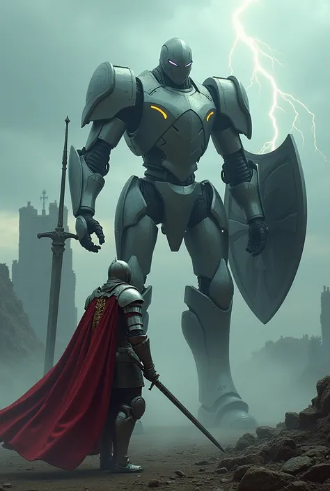 An epic cinematic scene showcasing a colossal robot and a traditional English knight facing off in a dramatic standoff. The robot, covered in sleek, futuristic armor with glowing accents, holds a massive broadsword in one hand and a high-tech shield in the...