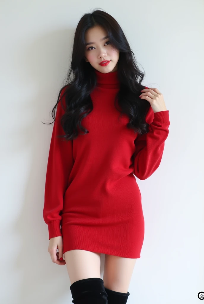 "K-pop style women&#39;Realistic images、     Korean Beauty     , length, Wavy black hair.  white wall background、red long sleeve high neck sweater、 red mini skirt    、     shes posing for the camera 。Full body image of me  、  Im wearing black long boots 、 ...