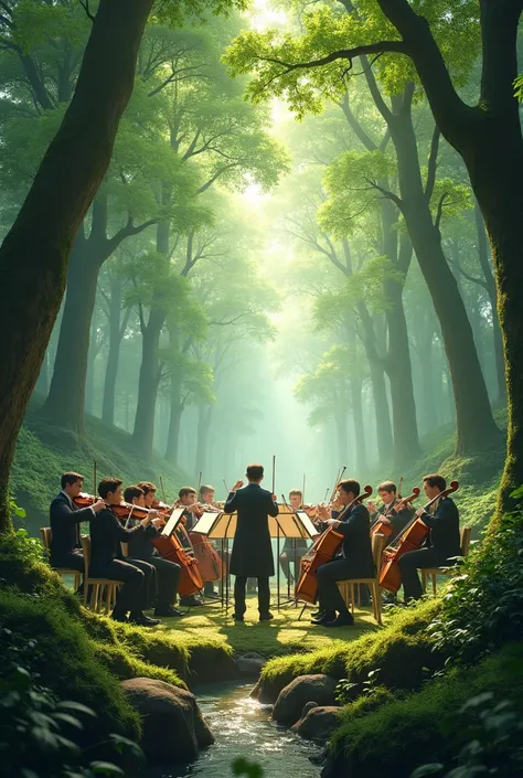 An orchestra in a forest surrounded by trees