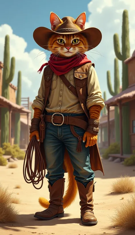 A rugged cowboy cat with a hat, boots, and a lasso, standing in a desert town with cacti.

