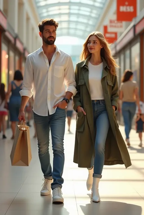 a man in a white shirt with open buttons carrying a shopping bag walks in the mall alongside a woman in a white t-shirt, white boots , and long coat army 