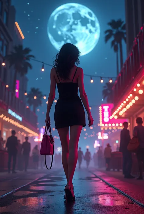 Woman on her back wearing a short black dress and a pink bag heading to a nightclub at night highlighting the moon and the stars