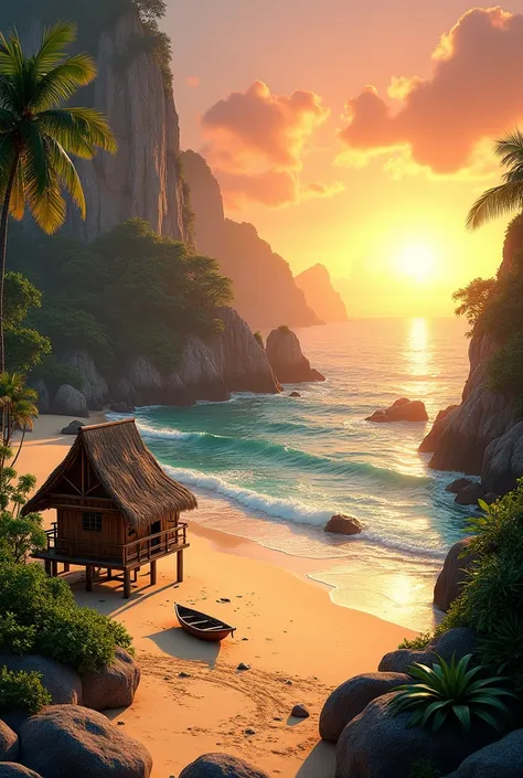  Beautiful Sunset, big rocks and  sea, beach and bamboo hut and sand and rocks and bush and coconut trees and boat