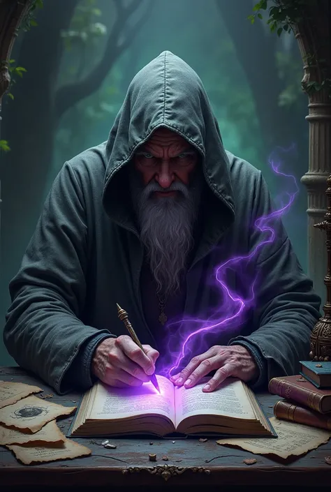 An old man in a long battered gray robe ,  with a hood that leaves most of his face in the shadows and only his nose and mouth can be seen .  He is sitting in front of a desk with several scrolls scattered all over the table and the old man writes with a p...