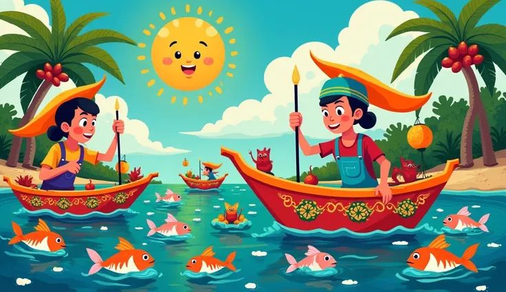 anime-inspired naive art painting of Indonesian fishermens life, colorful and exaggerated characters with whimsical expressions, playful boats with vibrant patterns, oversized fish jumping from the water with anime-like detailing, a smiling sun with expres...