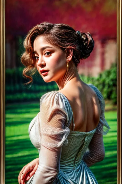 romanticism, oil painting on linen in the style of turner.
ethereal artwork featuring a playful woman looking back over
her shou...