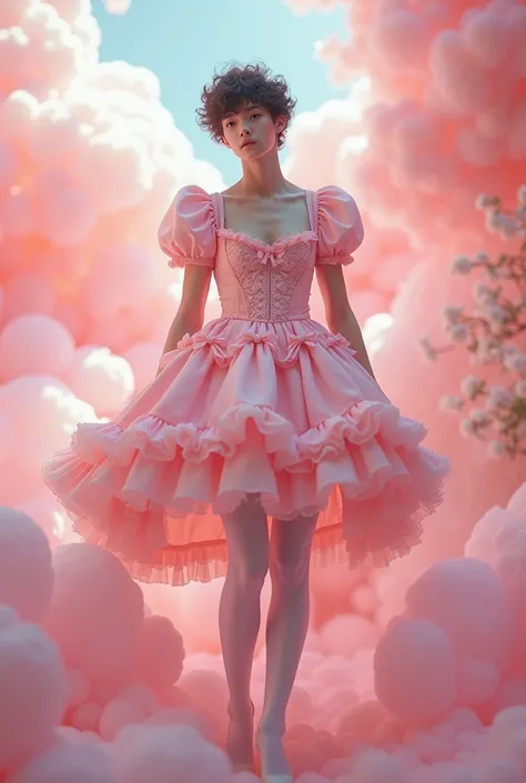 A man wearing pink lolita dress and white tights