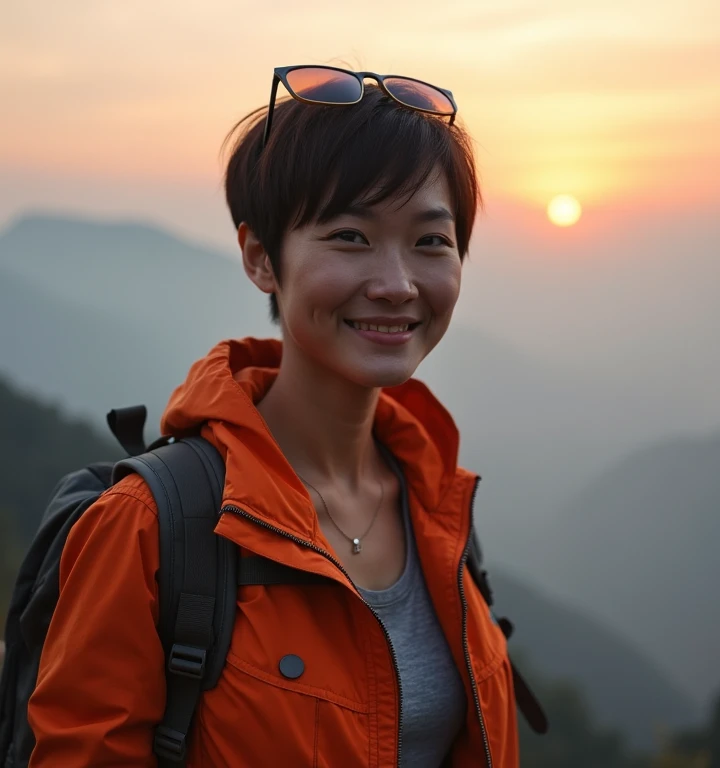 A woman 40 years with pixie cut dark brown hair, charming clear face most details, thin smiling, strong and muscular, medium breasts, wearing sunglasses shirt orange jacket and backpack , stands on Nok Aen cliff Phu kradueng thailand ,very thick fog, Pha n...