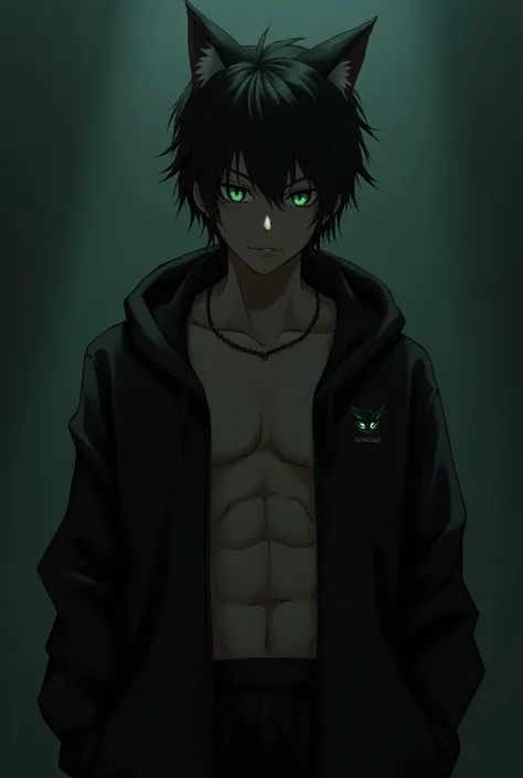 shirtless Anime guy with dark skin black hair cat ears dark and green eyes, wearing a black cat theme hoodie with a green eyes cat logo