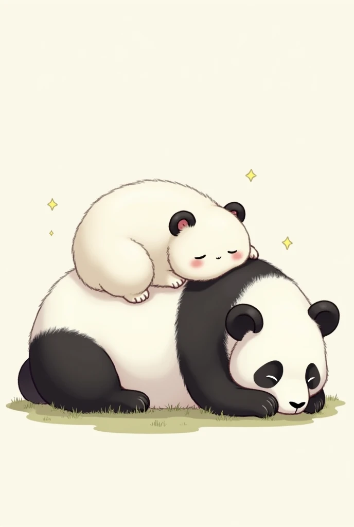 Drawing of a sleeping white Huron curled up on a panda bear
