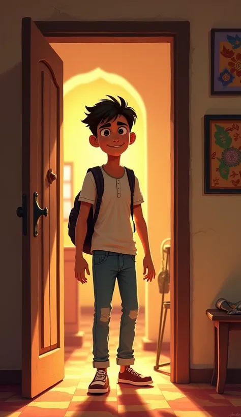 "A 16-year-old Indian boy entering his home, wearing a casual outfit with a backpack slung over one shoulder. The scene is set in a modest, warmly lit Indian household with traditional decor, such as a wooden door, colorful wall hangings, and a small shoe ...