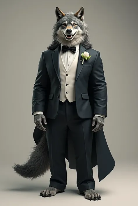 The wolf character from DC comics ,  wearing a grooms wedding suit,  smiling 