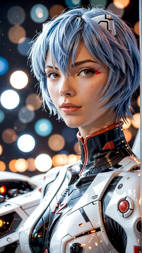 (best quality, masterpiece, RAW photo,ultra-detailed:1.2),  1girl, short blue hair,  japanese girl,
(eva 00:1.2), evagod, evangelion mecha, science fiction,beautiful abstract background, Futurism, cyberpunk,  ayanami, futuristic lab bokeh background