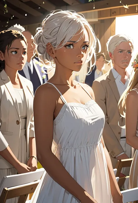 Adult female, betrayed expression, unkept light white hair in half updo, wearing casual sundress, golden brown skin, racially ambiguous, hazel eyes, standing cluelessly on aisle at wedding, focus on face, dynamic lighting 