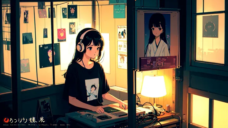 (lo-fi, retro, pale color, low contrast), (1girl, black hair, black eyes, t-shirt, headphone), (night view, room with Japanese posters), (dreamy atmosphere, nostalgic)