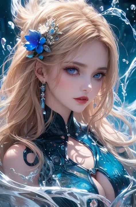  close-up of a beautiful womans face, Baby kitsune， seductive gaze ,  SHARP FACE ,  blue eyes, red lips,  majestic artistic look , water pouring on her face ,  super detailed,  perfect composition of drapes 