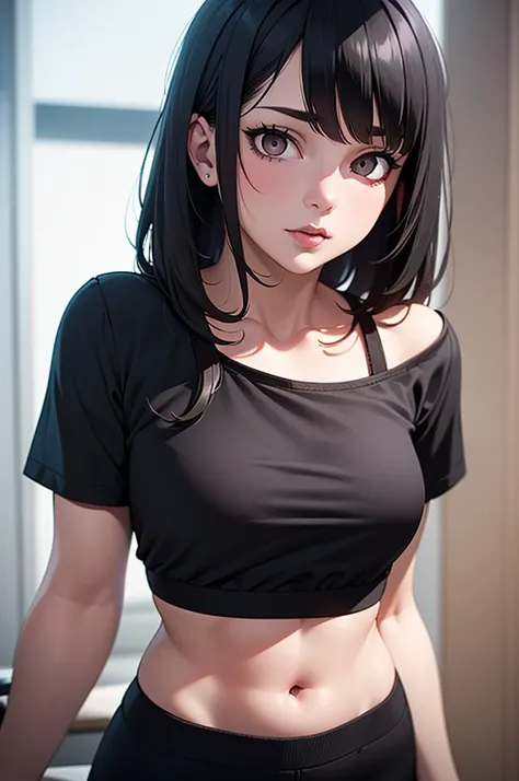 ((Realistic face, lure, Adult appearance,  White eyes )), ( Grey Cropped Top ,  black underwear, Short clothes), ( long black hair ), (20 yr), ( 1 girl), (4K style ))