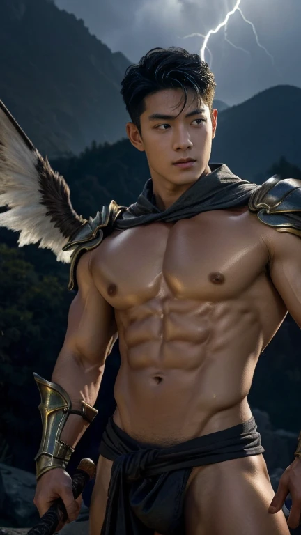 arafed man  , A Handsome Boy Age 16 Wear a Golden Armor Sixpack,have 6 Wings,Comma Hair Hairstyle,Black gradient Grey Hair,Carrying 2 swords on the right is Scimitar and the Left is Katana,Flying at The sky,Illuminated by the moonlight at night,With some L...