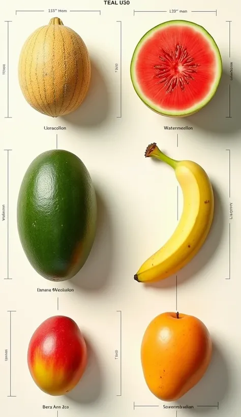 photo realistic chart of cantaloupe, watermelon, banana, mango,