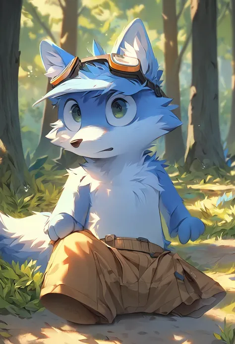 ((best quality)), ((masterpiece)), ((detailed full body)), ((perfect detailed)),Fox, blue fur, solo, googles on head, shaming expression, Camping clothes, Brown shorts, Camping background