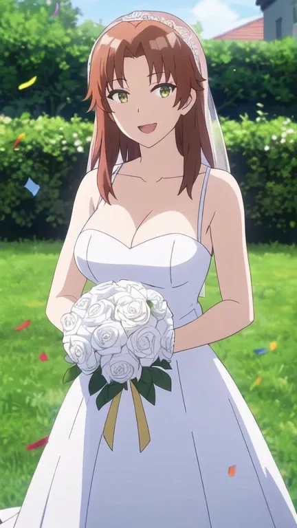 masterpiece, best quality, high quality, girl, solo, looking at viewer, tetsuhiko_kai, large breasts, wedding Dress, standing, garden, confetti, holding bouquet, smile, open mouth,